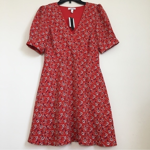 Speechless Boho Orange Floral V-neck short Puff Sleeve A-line Mini Dress - Picture 4 of 16